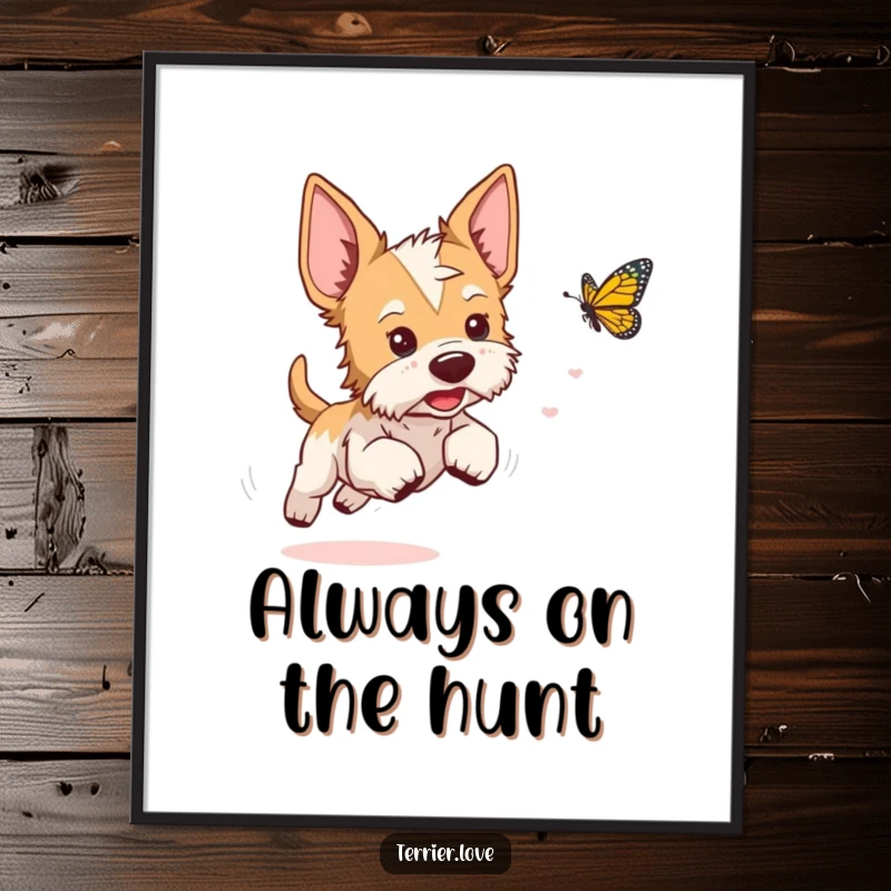 Funny playful terrier digital art print of a dog with perked ears chasing a fast-moving butterfly.