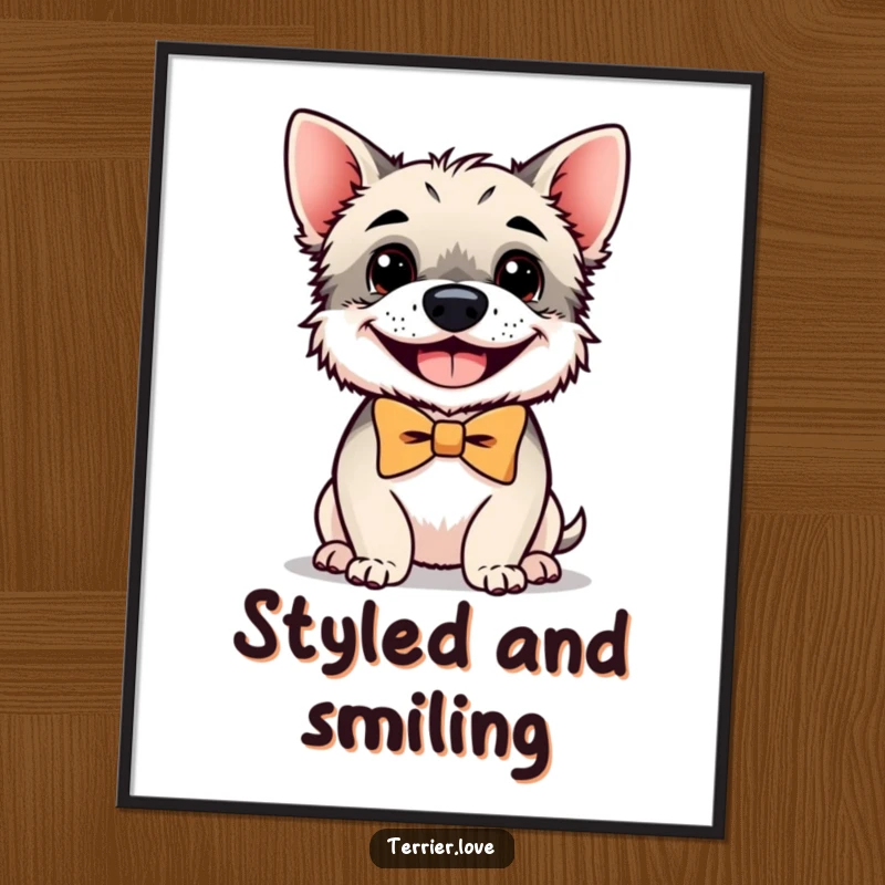 Funny terrier digital art print of a small, grinning dog sporting a bowtie, ready for instant download and digital display.