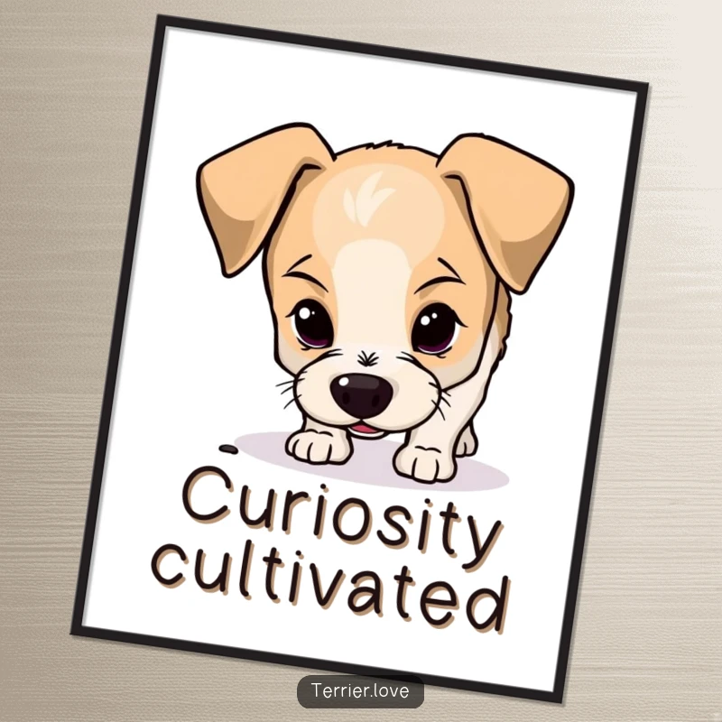 Funny terrier digital art print of a curious small dog with floppy ears sniffing the ground, ready for instant download.