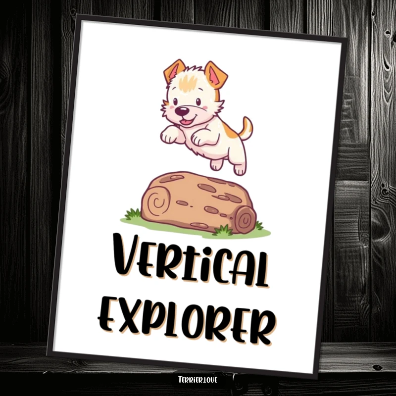 Funny Terrier Digital Art Print: An energetic dog leaps over a log, bringing action and humor to wall decor.