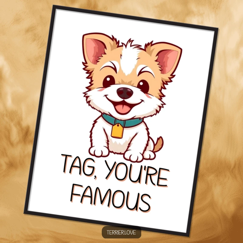 Funny Terrier Smile Digital Art Print: A high-resolution image of a happy terrier with a bright collar tag, ready for printing and immediate enjoyment.