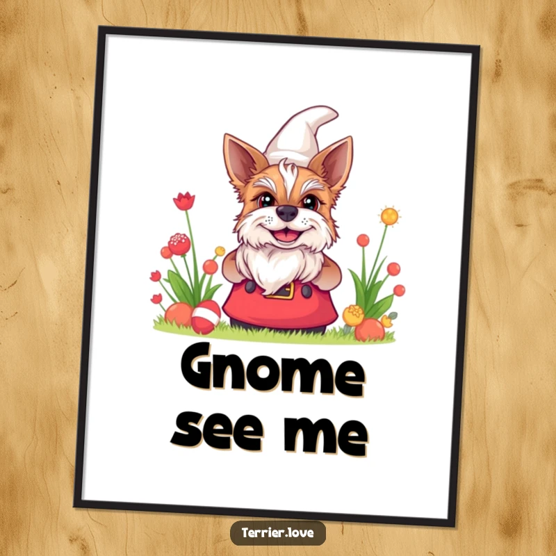 Funny terrier digital art print showing a dog with a wide grin peeking from behind a garden gnome, perfect for playful decor.