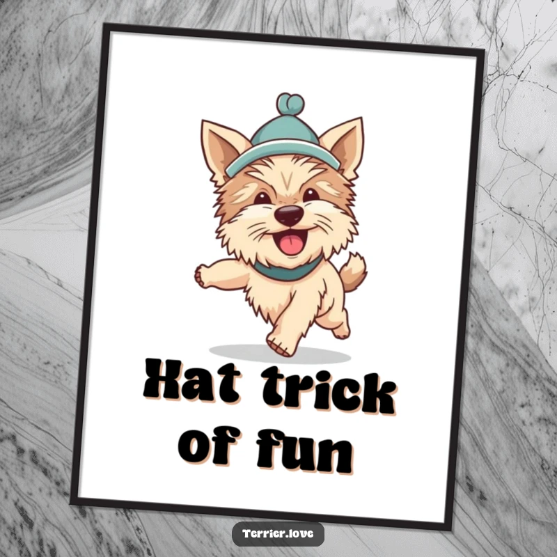 Funny Terrier digital art print of a silly dog wearing a hat, enthusiastically chasing its tail, embodying pure fun and comical energy.