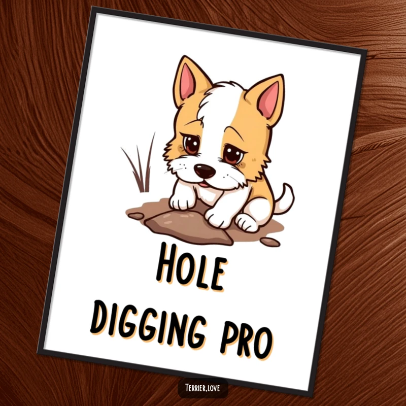 Funny Digital Art Print of a determined terrier digging a small hole, humorous and downloadable wall decor.
