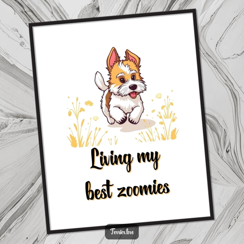 Funny terrier with a wagging tail running through a field, a humorous digital art print for walls.