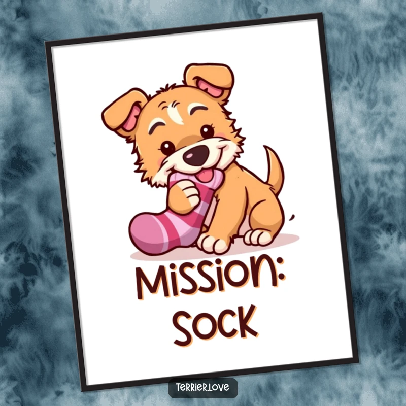 Funny digital art print of a mischievous terrier dog attempting to steal a sock, bringing playful humor and charm to wall decor.