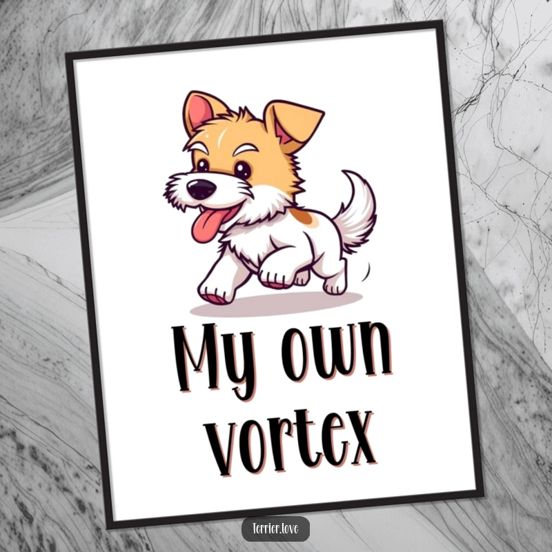 Funny digital art print of a happy, panting terrier dog spinning in a comical loop while chasing its tail with great enthusiasm.