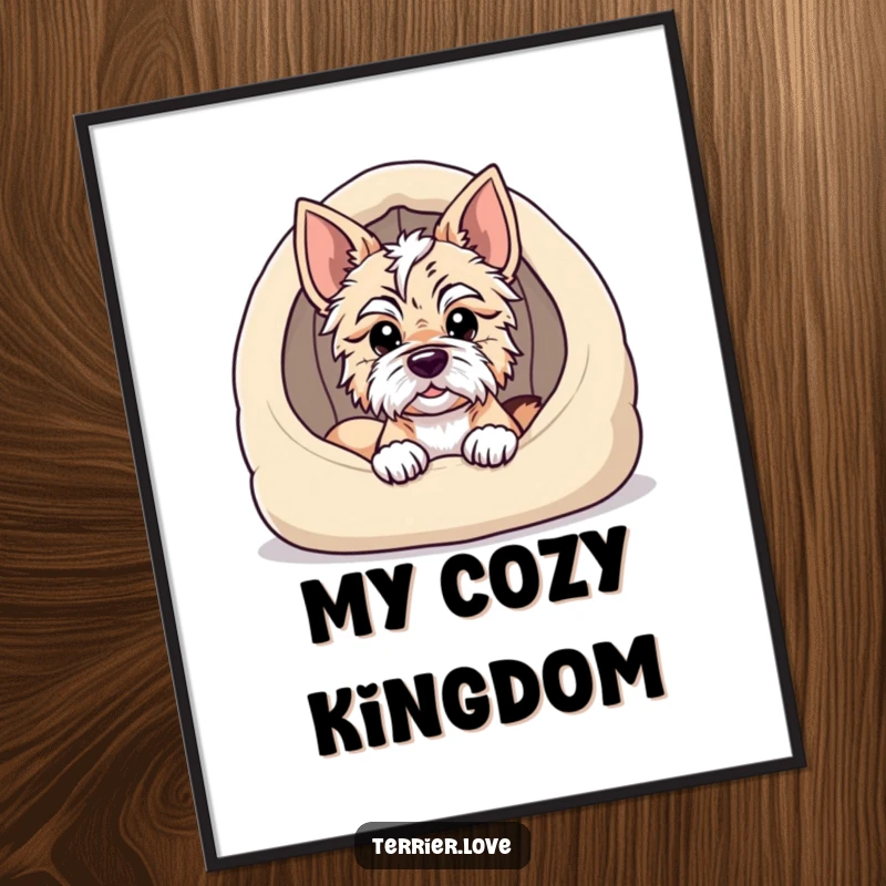 Funny terrier digital art print featuring a dog peeking from a cozy dog bed, radiating comfort, coziness, and a touch of playful slumber.