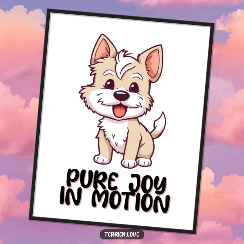 Funny terrier digital art print featuring a dog with its tail wagging rapidly, radiating pure eagerness and happy anticipation.