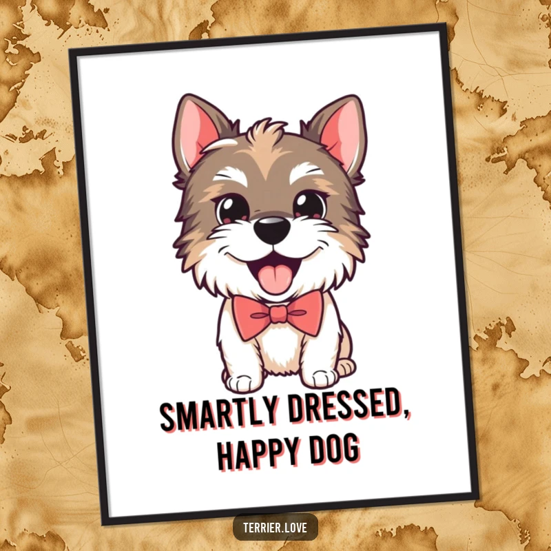 Funny digital art print of a playful Terrier dog wearing a smart bow tie and panting happily, exuding dapper charm.