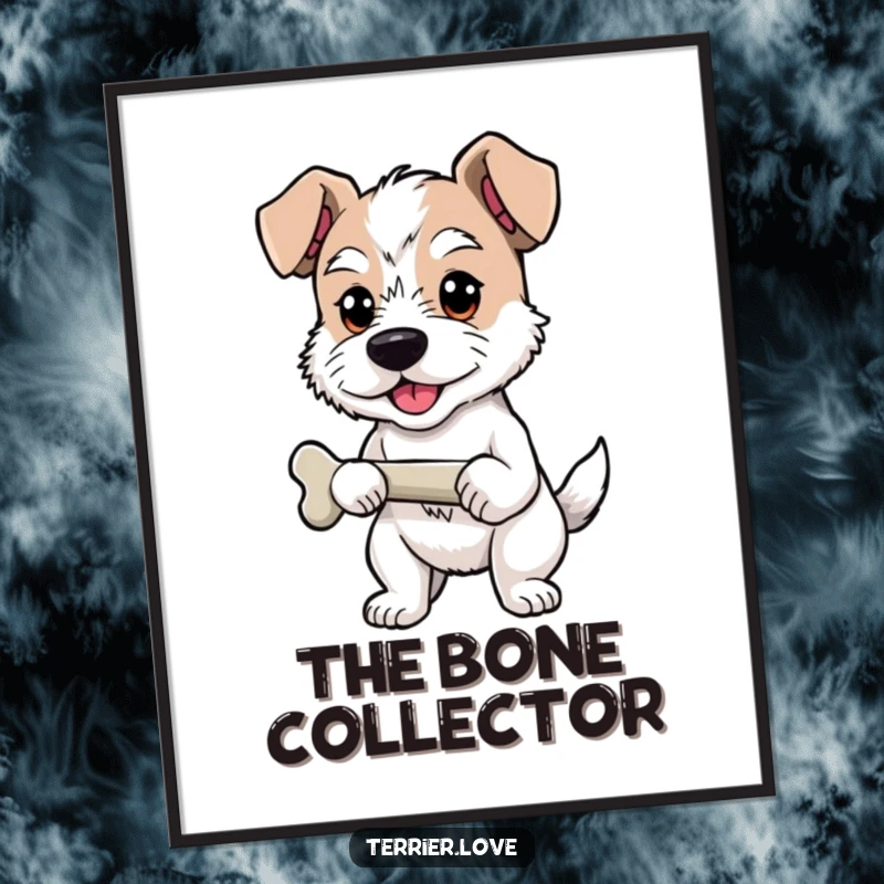 Funny Digital Art Print of a proud terrier holding a bone, humorous and downloadable wall decor celebrating success.