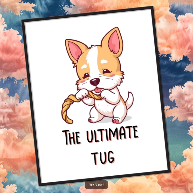 Funny Terrier Tugger Digital Art: Printable art of a playful dog character enthusiastically tugging on a rope toy.
