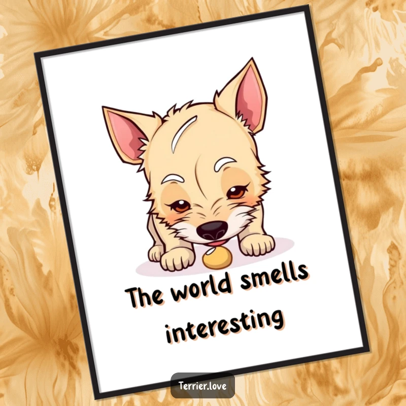 Funny curious terrier digital art print of a dog intently sniffing a small, intriguing object.