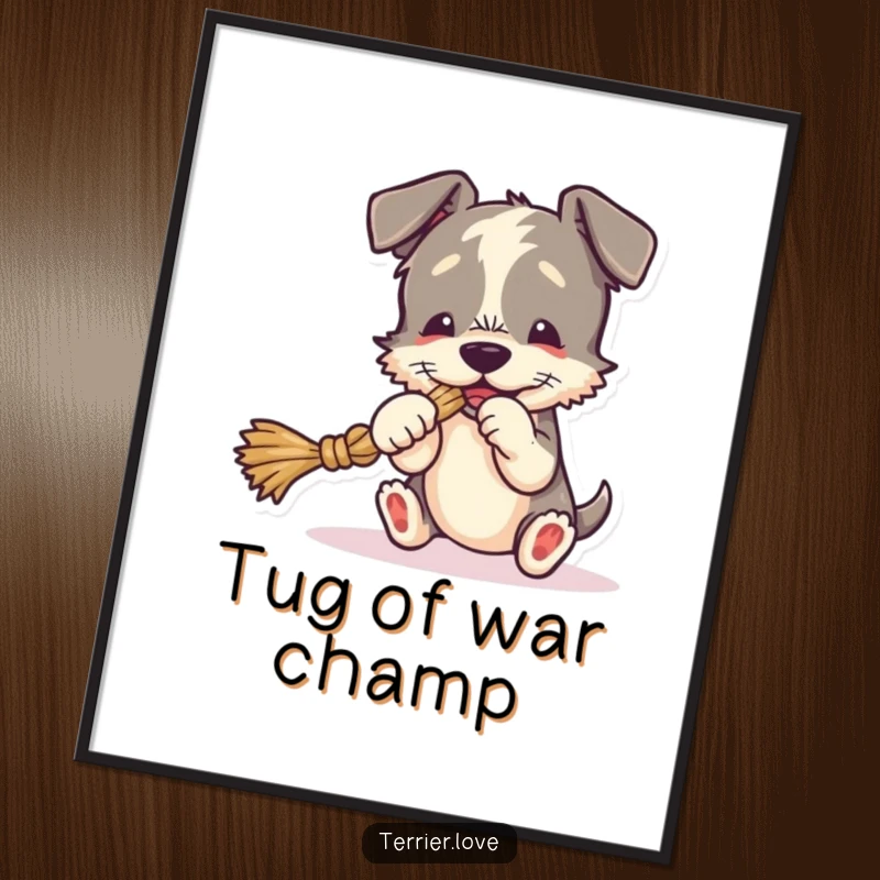 Funny Digital Art Print of a terrier playing tug-of-war with a rope toy, humorous and downloadable wall decor.