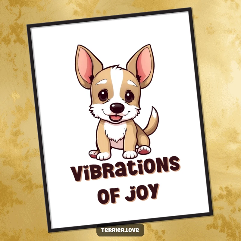 Funny digital art print of a terrier with comically large ears, its tail wagging with great enthusiasm, symbolizing pure delight.