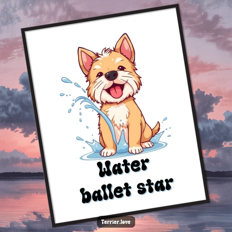 Funny terrier digital art print showing a dog joyfully shaking off water with a dynamic spray, perfect for lively decor.