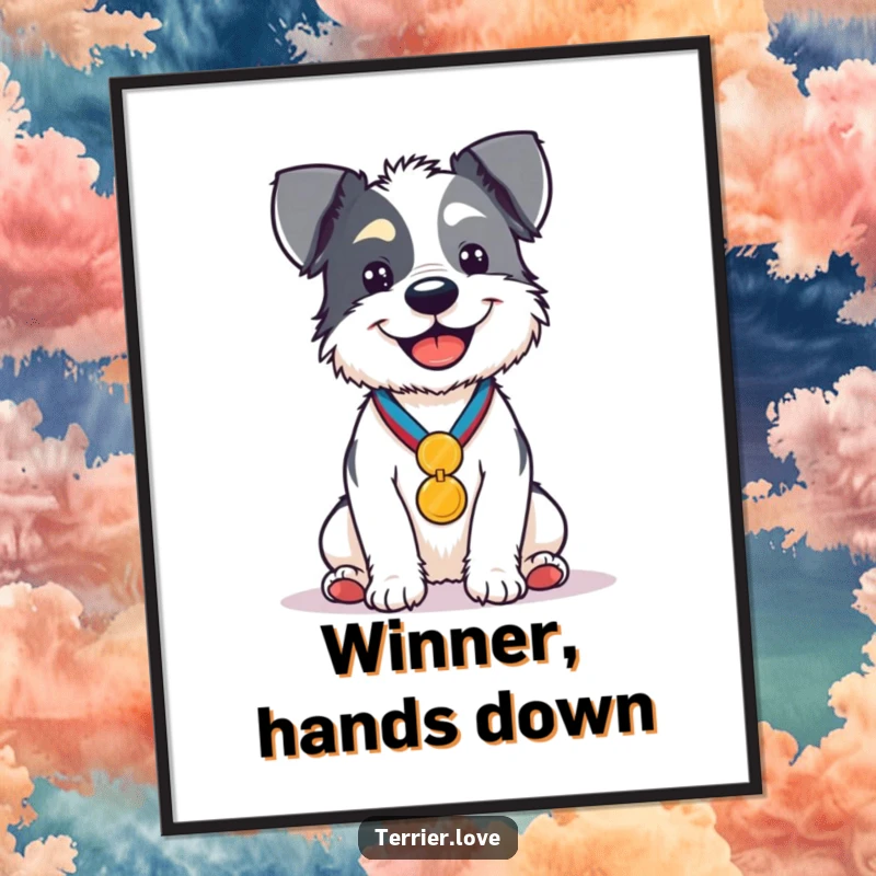 Funny Digital Art Print of a proud terrier sitting with a medal, exuding happiness and a champion's spirit.