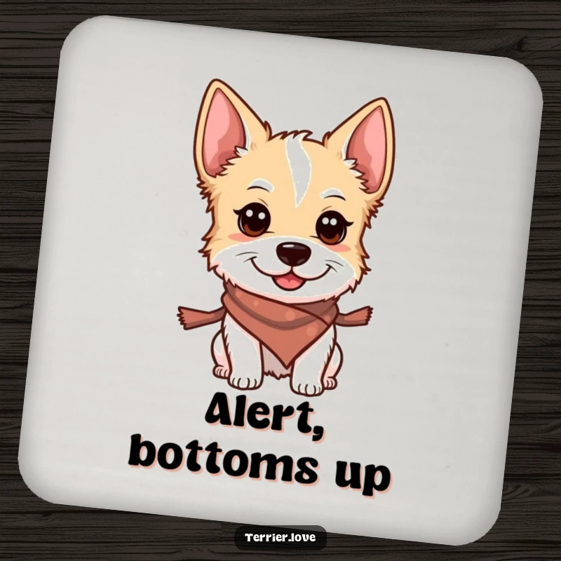Funny drink coaster showing a smiling terrier wearing a small scarf, looking alert and ready to protect your surfaces.