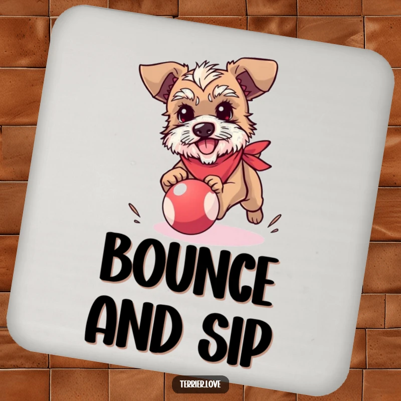 Funny terrier drink coaster showcasing a small dog in a bandana, energetically chasing a bouncy ball, guarding your tables.