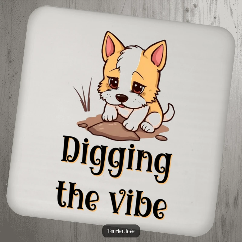 Funny Coasters with a determined terrier digging a small hole, protecting surfaces with canine focus and humor.