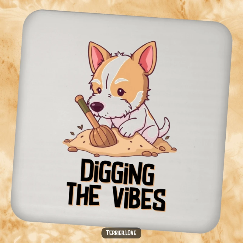 Funny Drink Coaster showcasing an energetic terrier digging in soft earth, adding humor and protection.