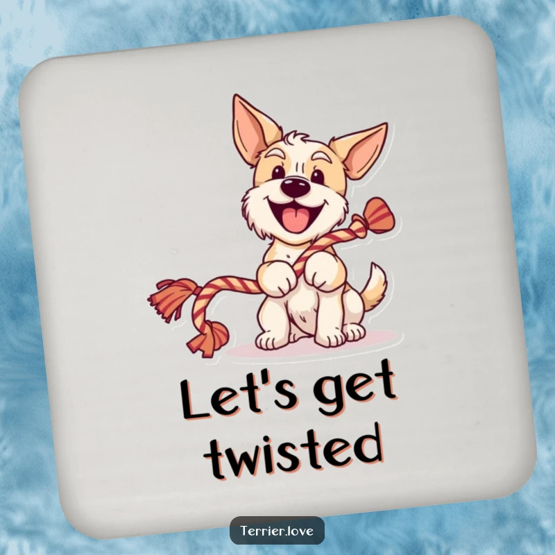 Funny terrier drink coasters featuring a cheerful dog wagging its tail and holding a rope toy, offering protection with humorous charm.