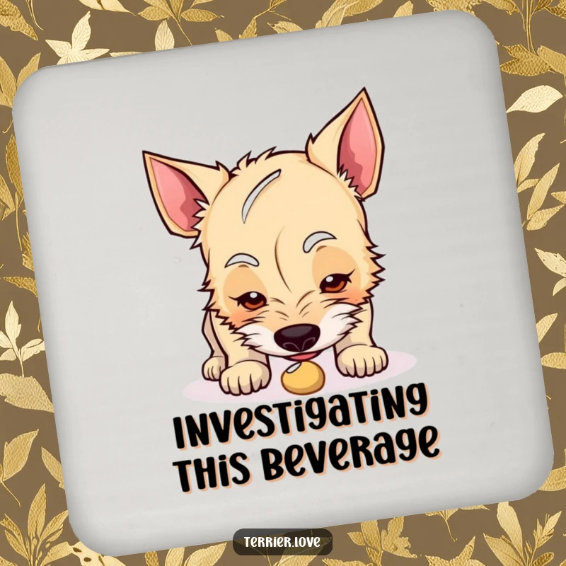 Funny terrier coaster showing a curious dog sniffing an intriguing object, adding a touch of mystery to tables.