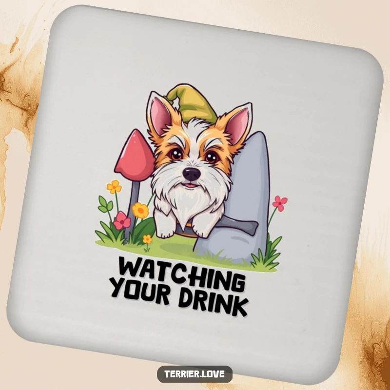Funny mischievous terrier coaster, dog peeking from behind gnome, playful canine art, perfect for table protection.