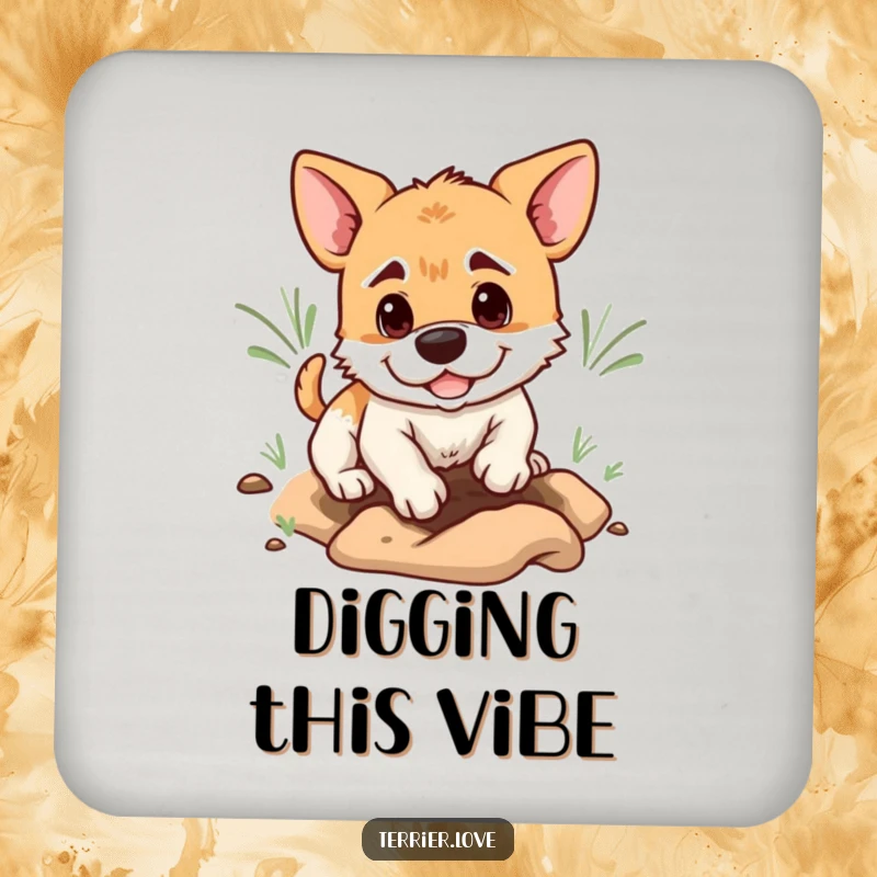 Funny terrier drink coasters featuring a determined dog digging a hole, offering protection with humorous focus.