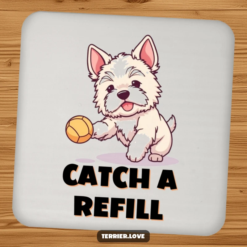 Funny drink coaster featuring a fluffy terrier with perked ears joyfully catching a ball, adding playful charm and surface protection.