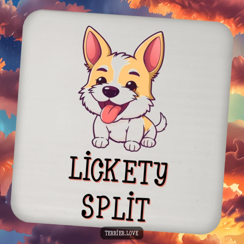Funny Drink Coasters featuring an energetic terrier with its tongue playfully out, protecting tables with canine-inspired humor.