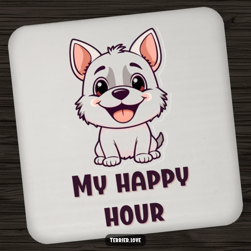 Funny terrier drink coasters with a happy, panting dog character illustration, protecting furniture while adding a cute, attention-grabbing touch.