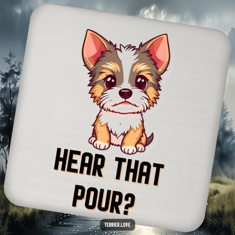 Funny Terrier coaster design with a curious dog tilting its head and alert ears, a cute and humorous addition to any table.