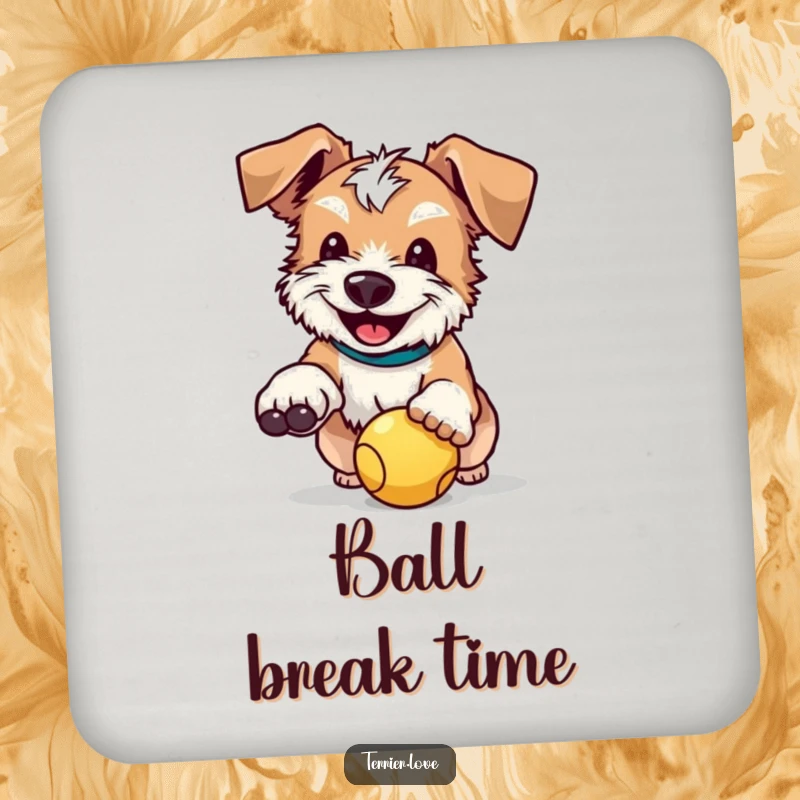 Funny drink coaster showcasing a happy terrier with floppy ears, expertly catching a ball to guard beverages.