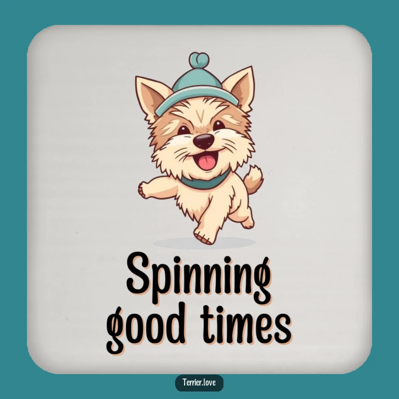 Funny Terrier Hat Tail Chasing Coaster: Silly Dog's Enthusiastic Drink Protector