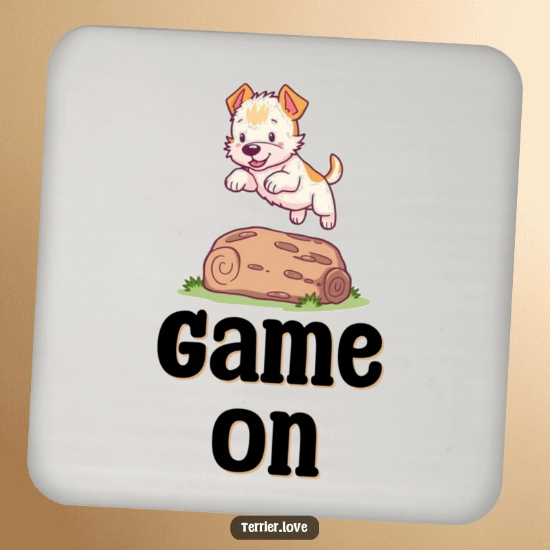 Funny Terrier Coaster: A playful dog leaps over a log, protecting surfaces with humor and canine charm.