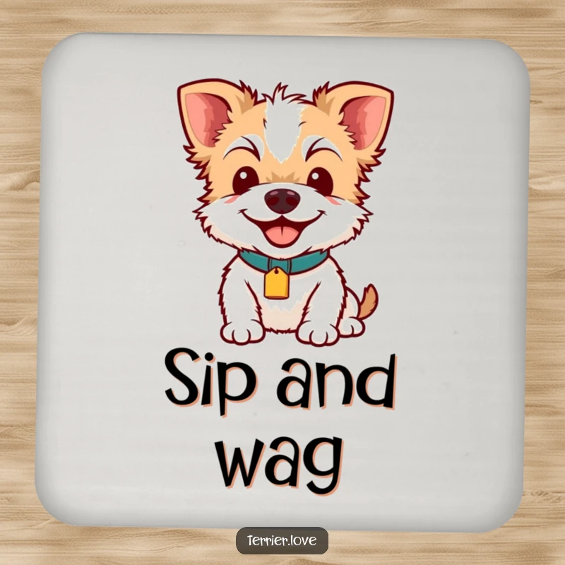 Funny Terrier Smile Coaster: A smiling terrier with a bright collar tag, depicted on a coaster to protect surfaces with a dose of humor.