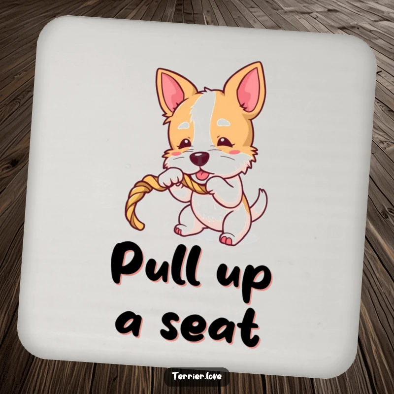 Funny Terrier Coaster: Protects surfaces with art of a playful dog character tugging on a rope toy, full of fun.