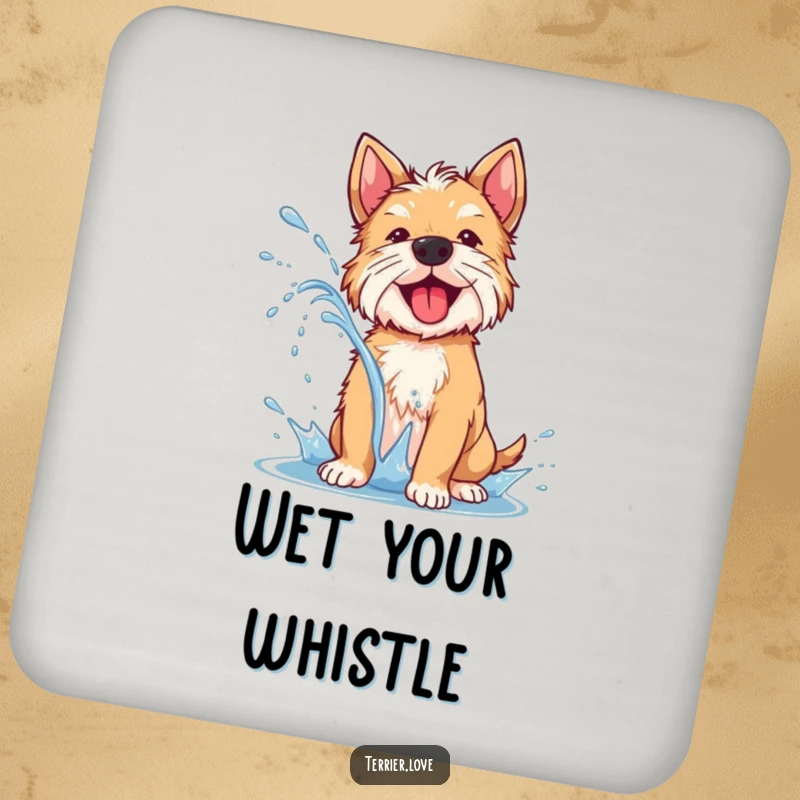 Funny terrier coasters depicting a dog joyfully shaking off water with a lively spray, adding a humorous touch to tabletops.