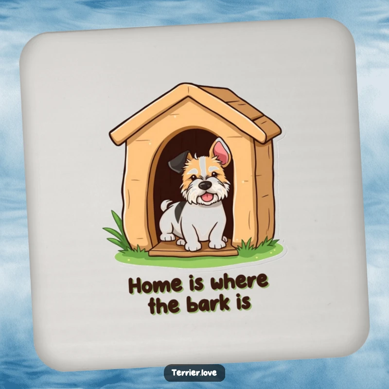 Funny terrier peeking playfully from a doghouse, a humorous coaster for table protection.