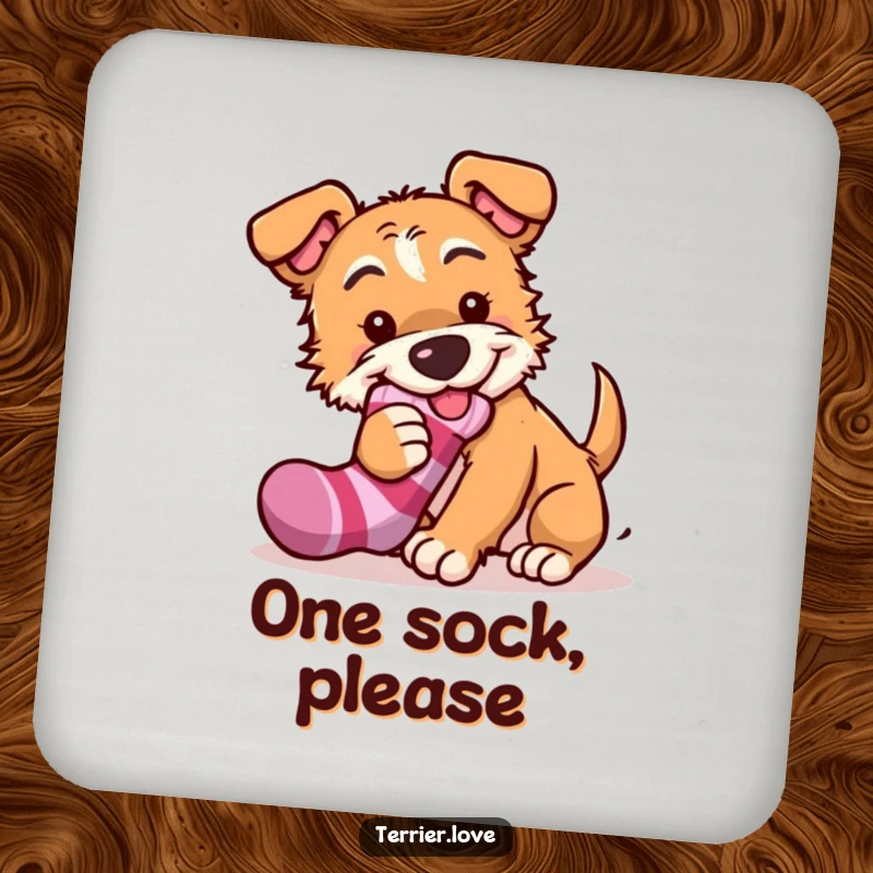 Funny terrier drink coaster featuring a mischievous dog stealing a sock, protecting surfaces with playful canine charm and humor.