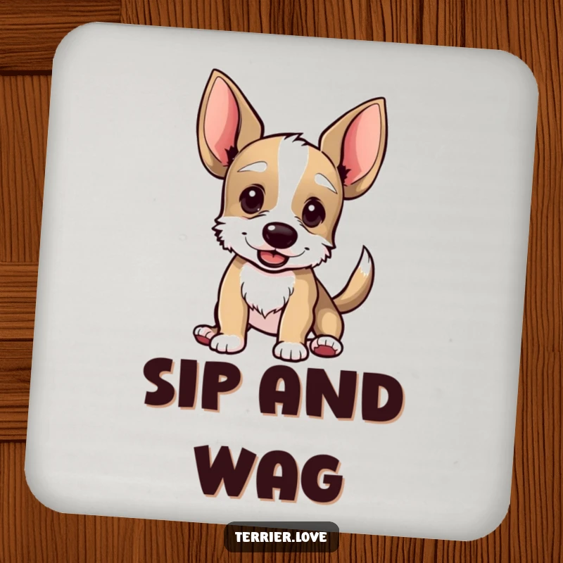 Funny drink coaster designed with a terrier boasting oversized ears and an enthusiastically wagging tail, adding humor to drink service.