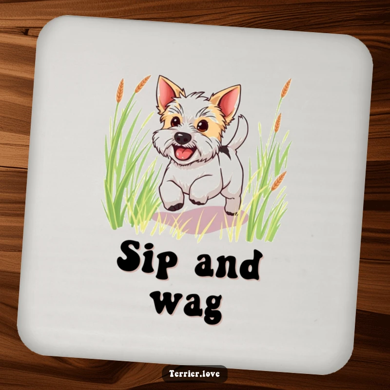 Funny happy terrier coaster featuring a dog joyfully bounding through tall grass with a wagging tail, a cute accessory.