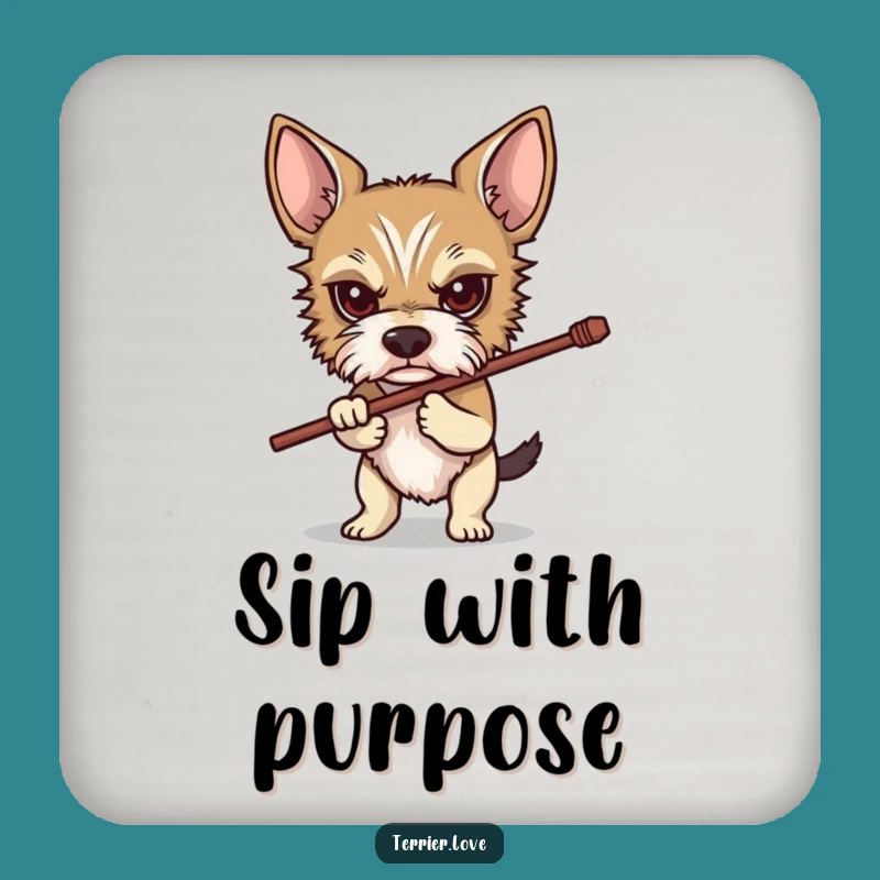 Funny Determined Terrier Coaster: Stick-Carrying Dog Protector, Charming Humorous Gift!