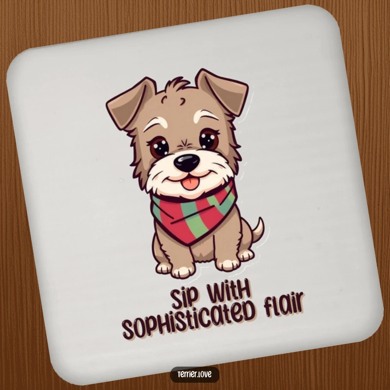 Funny terrier coaster showcasing a happy, alert dog with a scarf, adding a cheerful touch to any table.