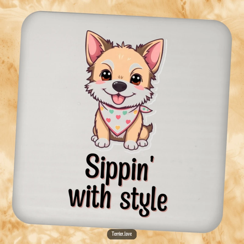 Funny Drink Coaster showcasing a cheerful terrier wearing a small bandana, adding humor and style to any surface.