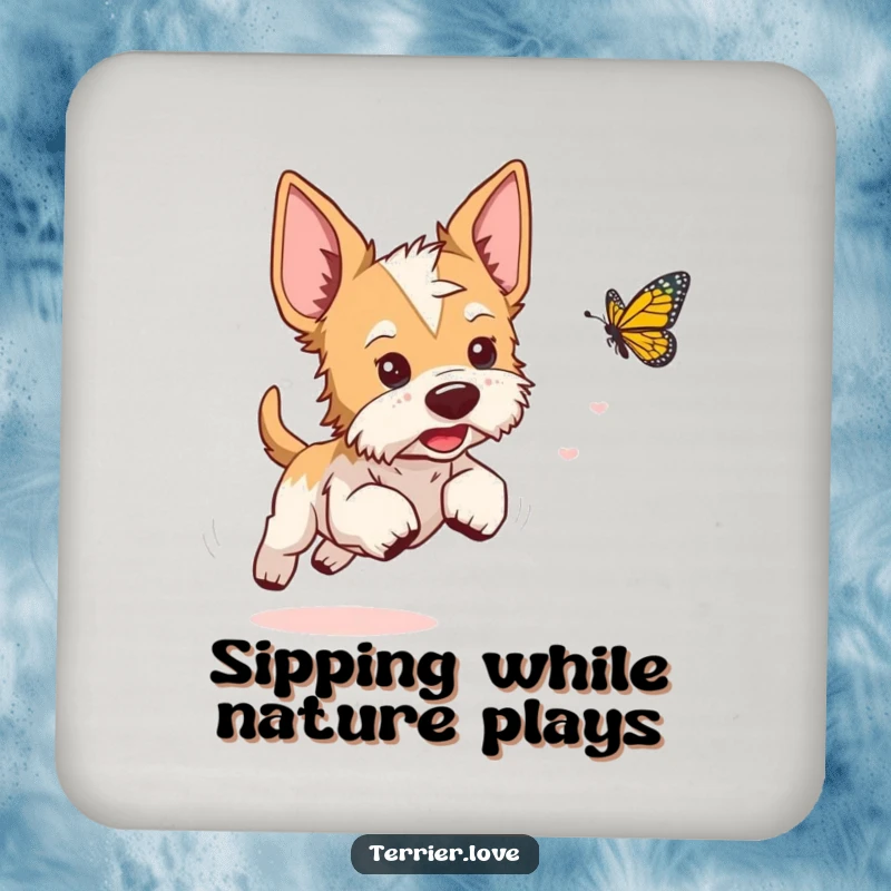 Funny terrier coaster showing a playful dog with perked ears chasing a butterfly, adding whimsy to tables.