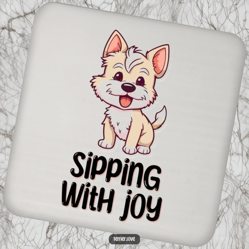 Funny terrier coasters showcasing a dog with its tail wagging rapidly, protecting surfaces with a dash of playful eagerness.