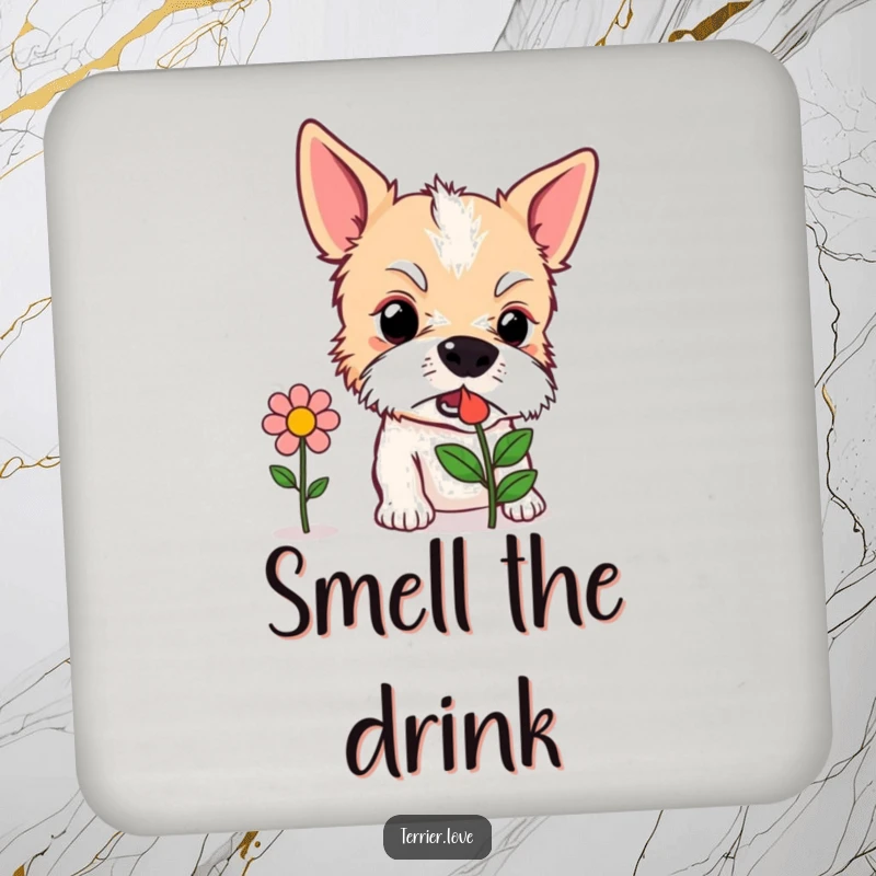 Funny Coaster: A curious terrier dog sniffing a stylized flower icon with interest, ready to protect your surfaces.