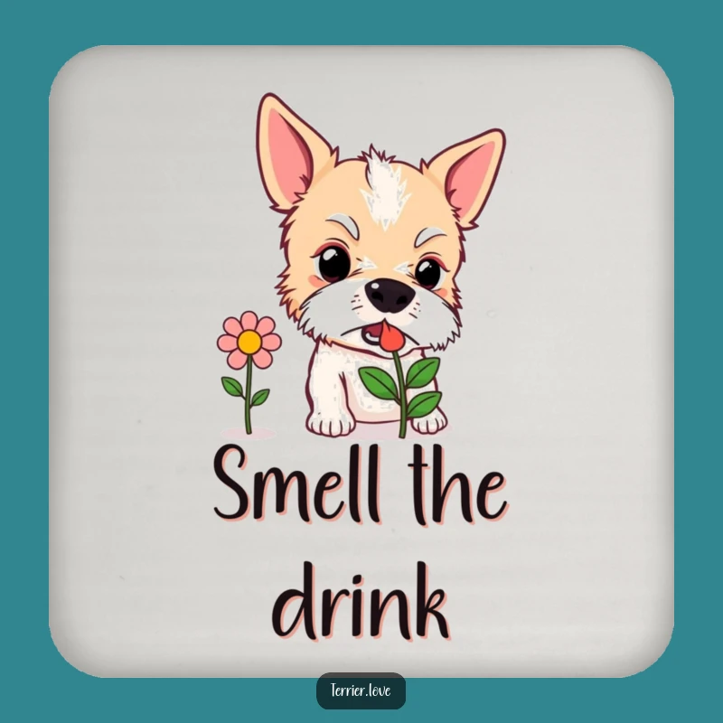 Funny Curious Terrier Coaster - Protect with Sniffing Flower Dog Art, Nature Pet Gift